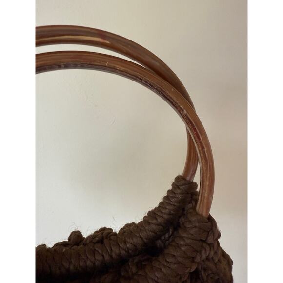 Macrame Purse Brown Handmade Handbag Lined Vtg 70's Circular Teak Handles - Picture 4 of 4